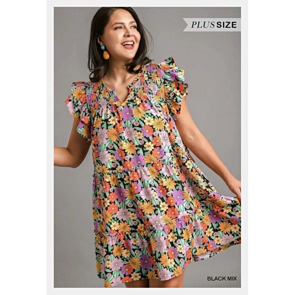 Umgee+ Plus Size XL Black Multicolor Floral Smocked Flutter Mini Dress Pockets
